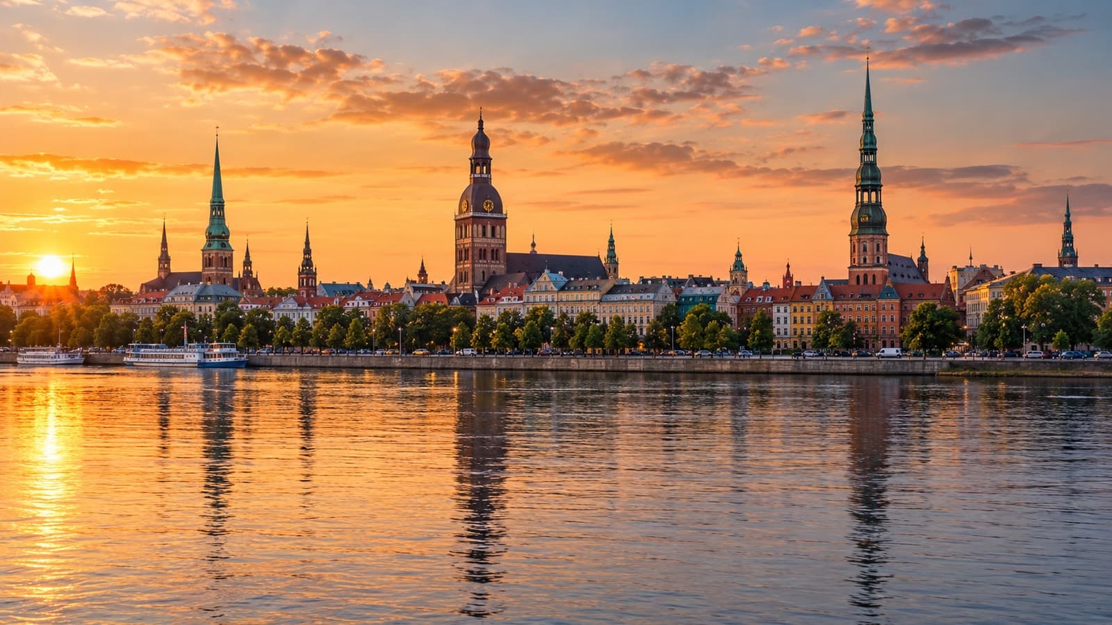 Riga Old Town spires and Daugava River waterfront in Latvia