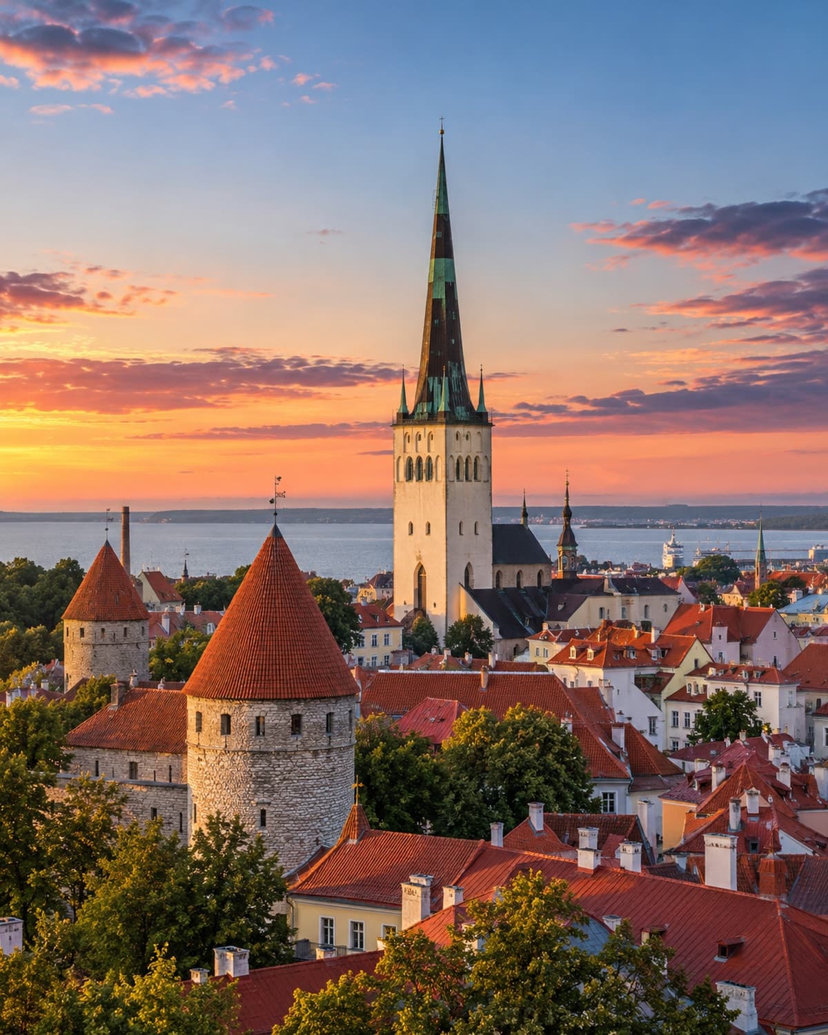 Tallinn UNESCO Old Town medieval spires, red tiled roofs and harbor
