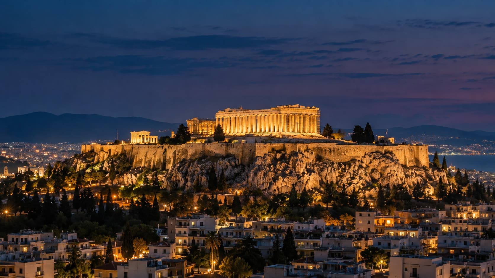 Athens Acropolis and Parthenon illuminated at twilight