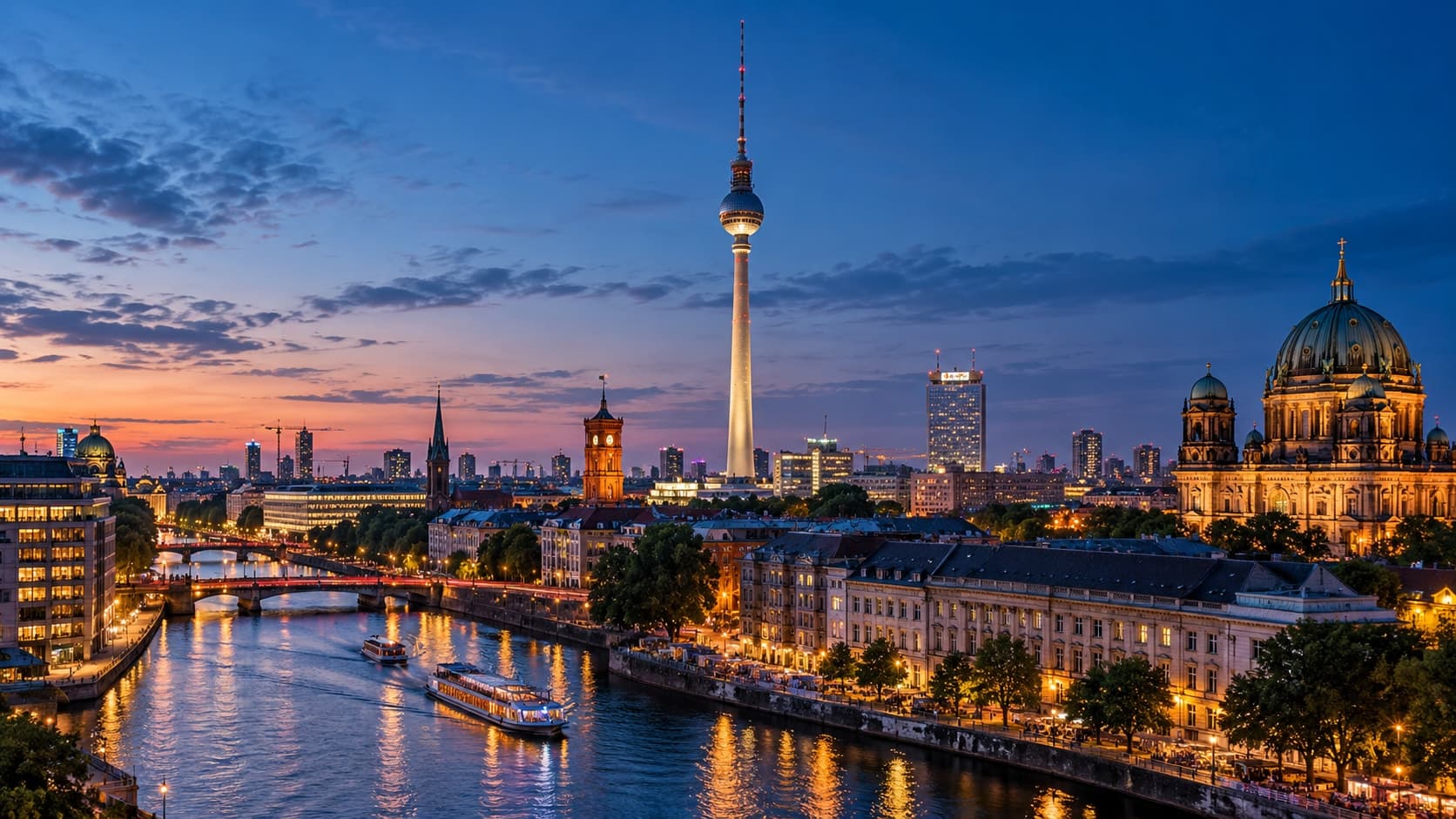 Berlin skyline with Fernsehturm TV tower and Spree river at twilight