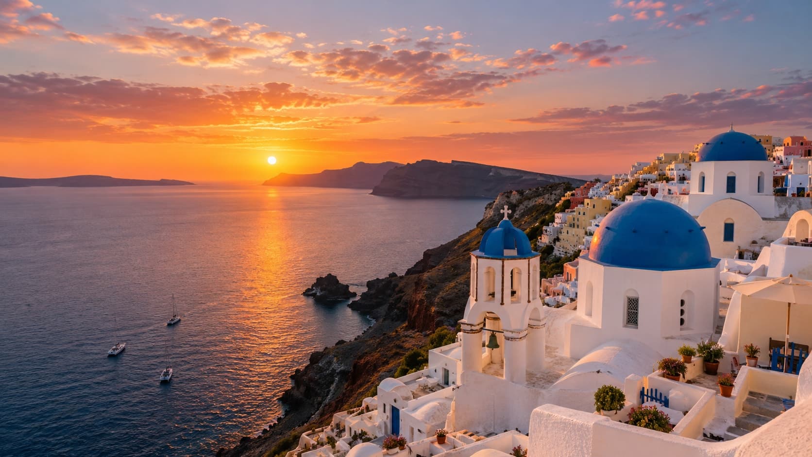 Santorini Oia village whitewashed architecture and Aegean caldera sunset