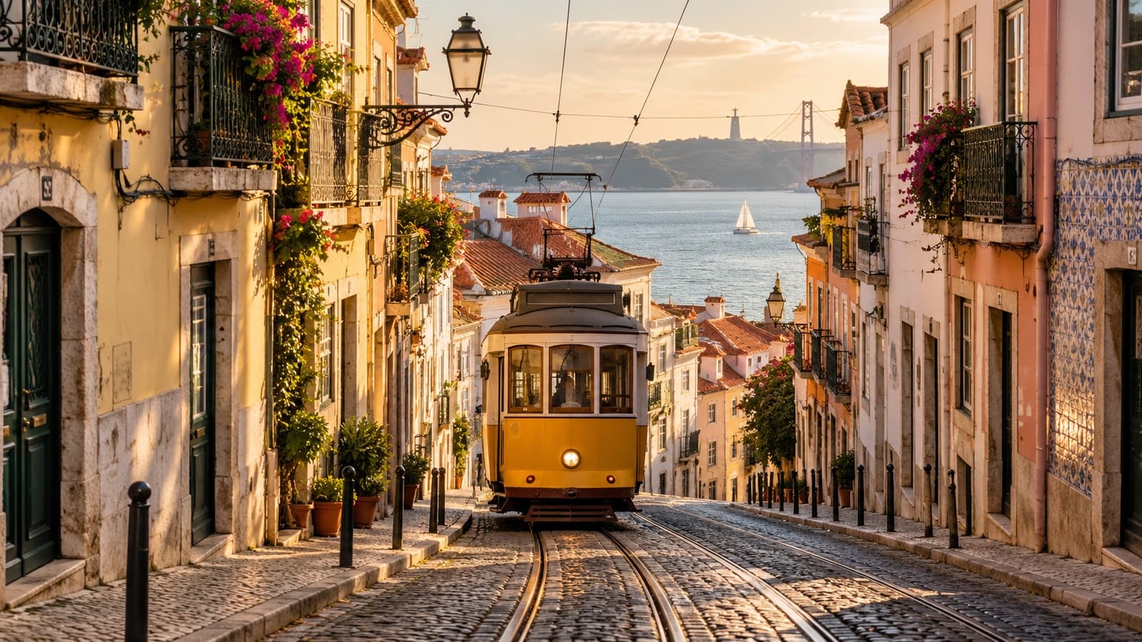 Lisbon iconic yellow tram on historic cobblestone street